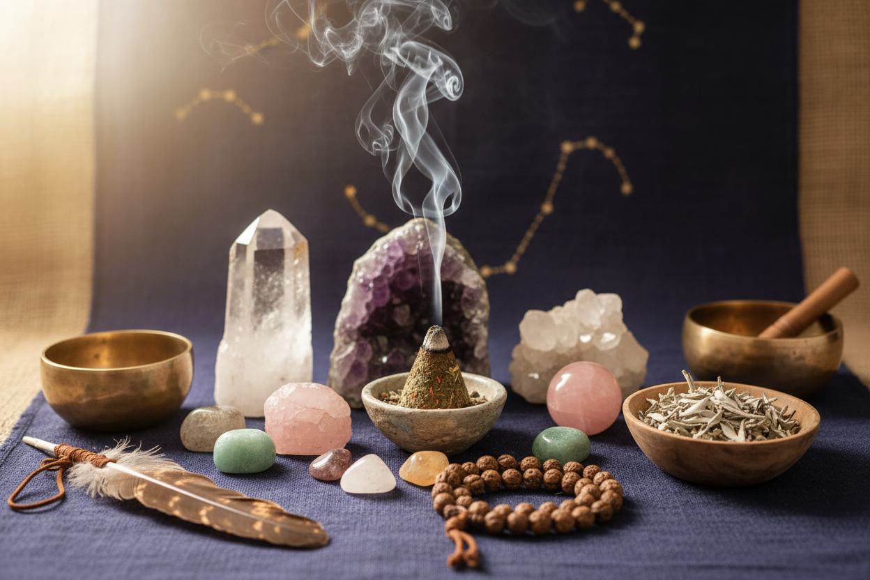 Imagen de sahumerio, cuarzos y elementos espirituales