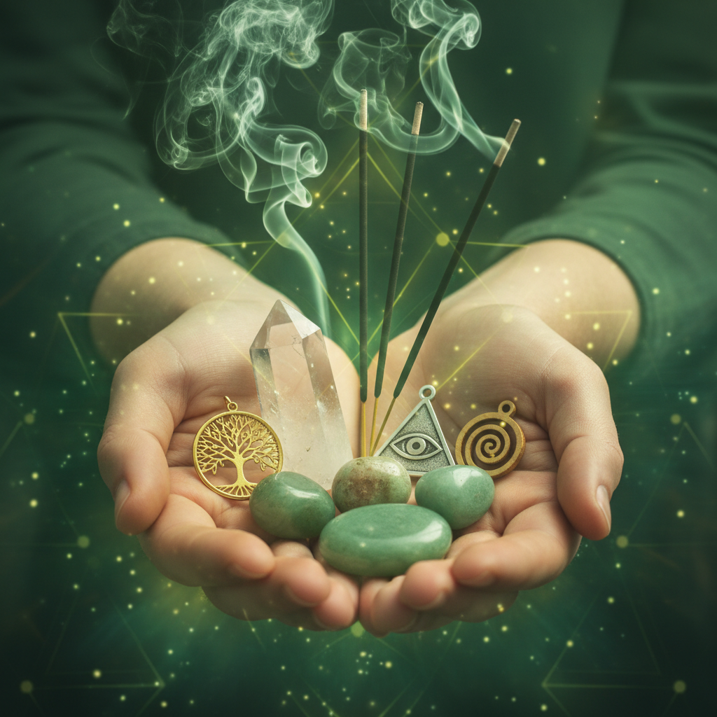 Manos con cuarzos, inciensos y amuletos - verde, blanco y dorado